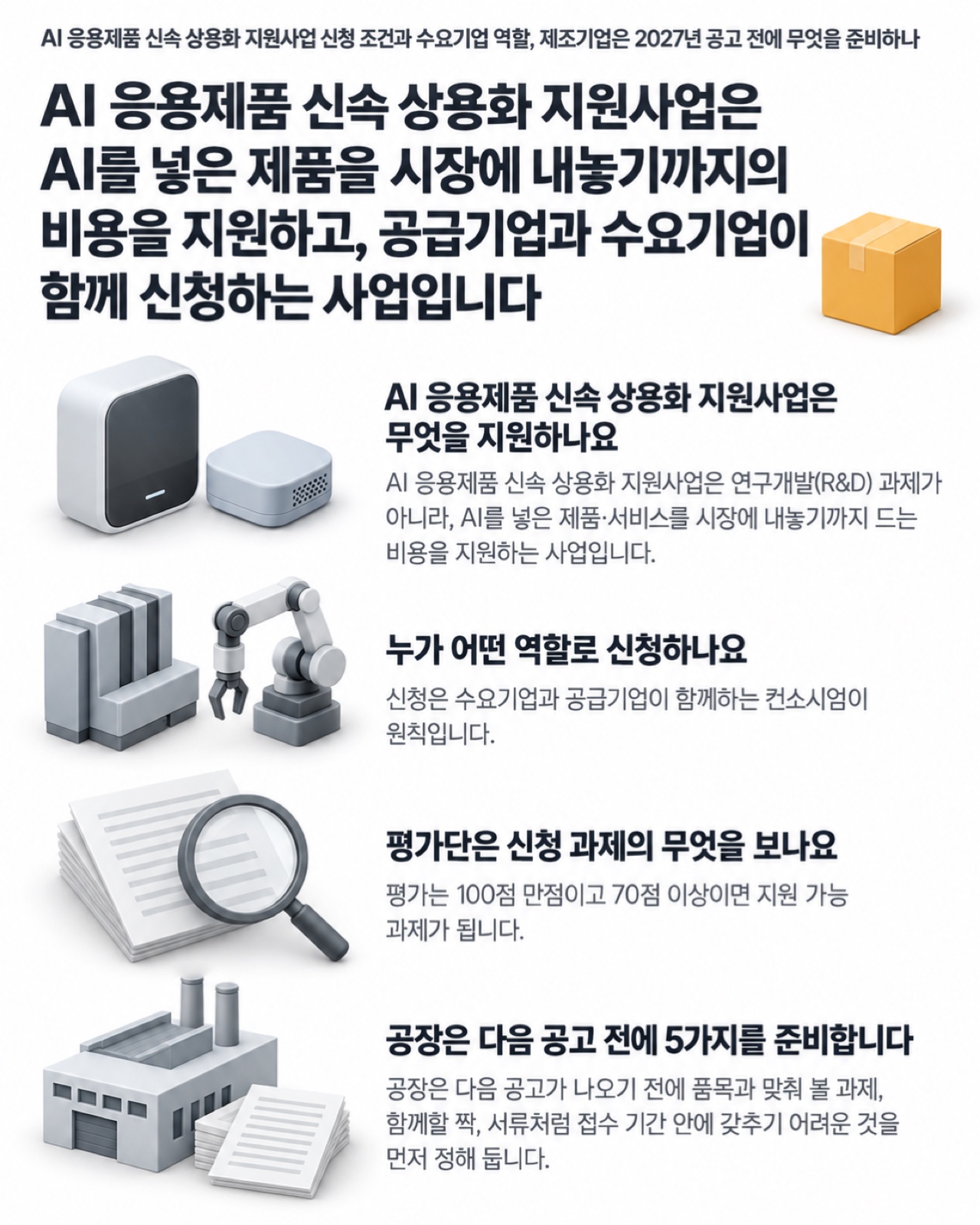 이 글을 한 장으로 요약하면 이렇습니다 — AI 응용제품 신속 상용화 지원사업의 지원 내용·신청 역할·평가 항목과 준비할 것 5가지