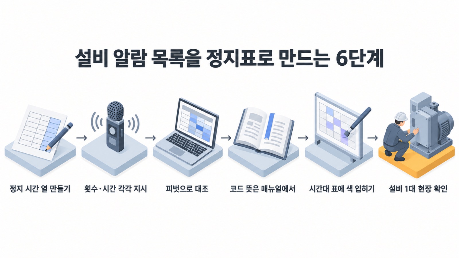 설비 알람 목록을 정지표로 만드는 6단계 — 정지 시간 열 만들기, 횟수와 시간 각각 지시, 피벗 대조, 코드 뜻은 매뉴얼에서, 시간대 표에 색 입히기, 설비 1대 현장 확인