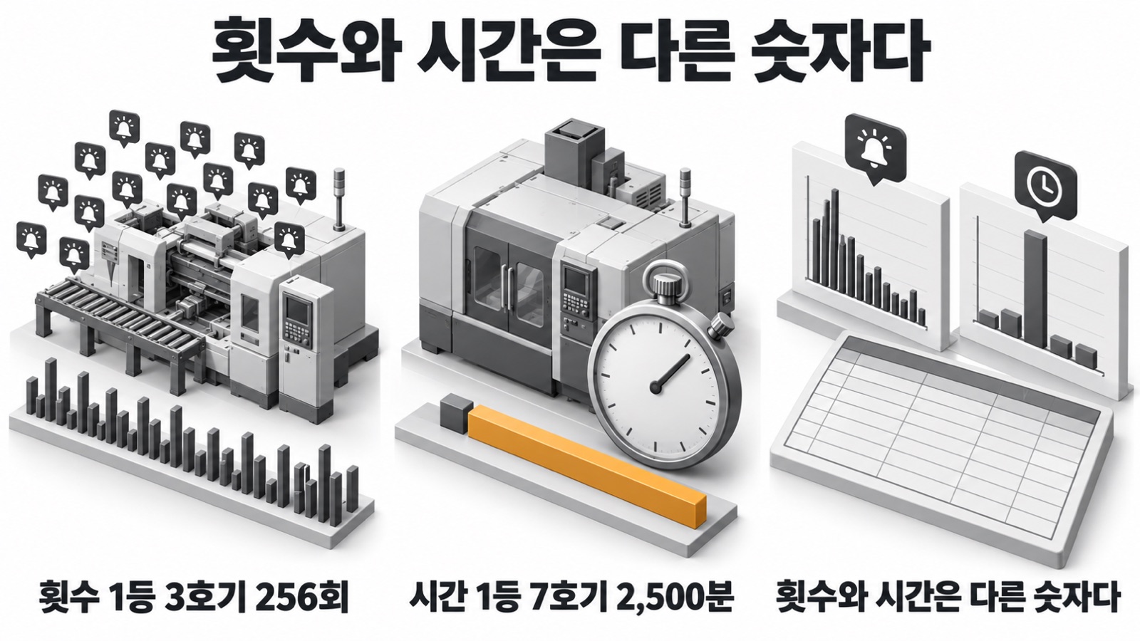 이 글을 한 장으로 요약하면 이렇습니다 — 횟수 1등 3호기 256회, 시간 1등 7호기 2,500분. 횟수와 시간은 다른 숫자다