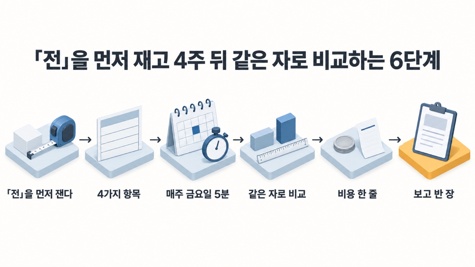 「전」 측정부터 경영진 보고 반 장까지 전후 기록표를 만드는 순서
