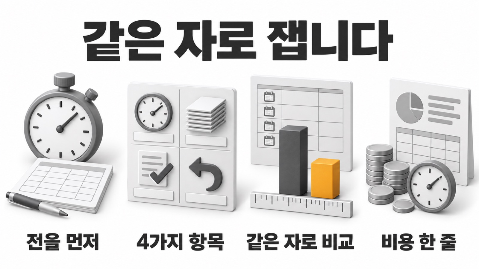 이 글을 한 장으로 요약하면 이렇습니다 — 전을 먼저, 4가지 항목, 같은 자로 비교, 비용 한 줄