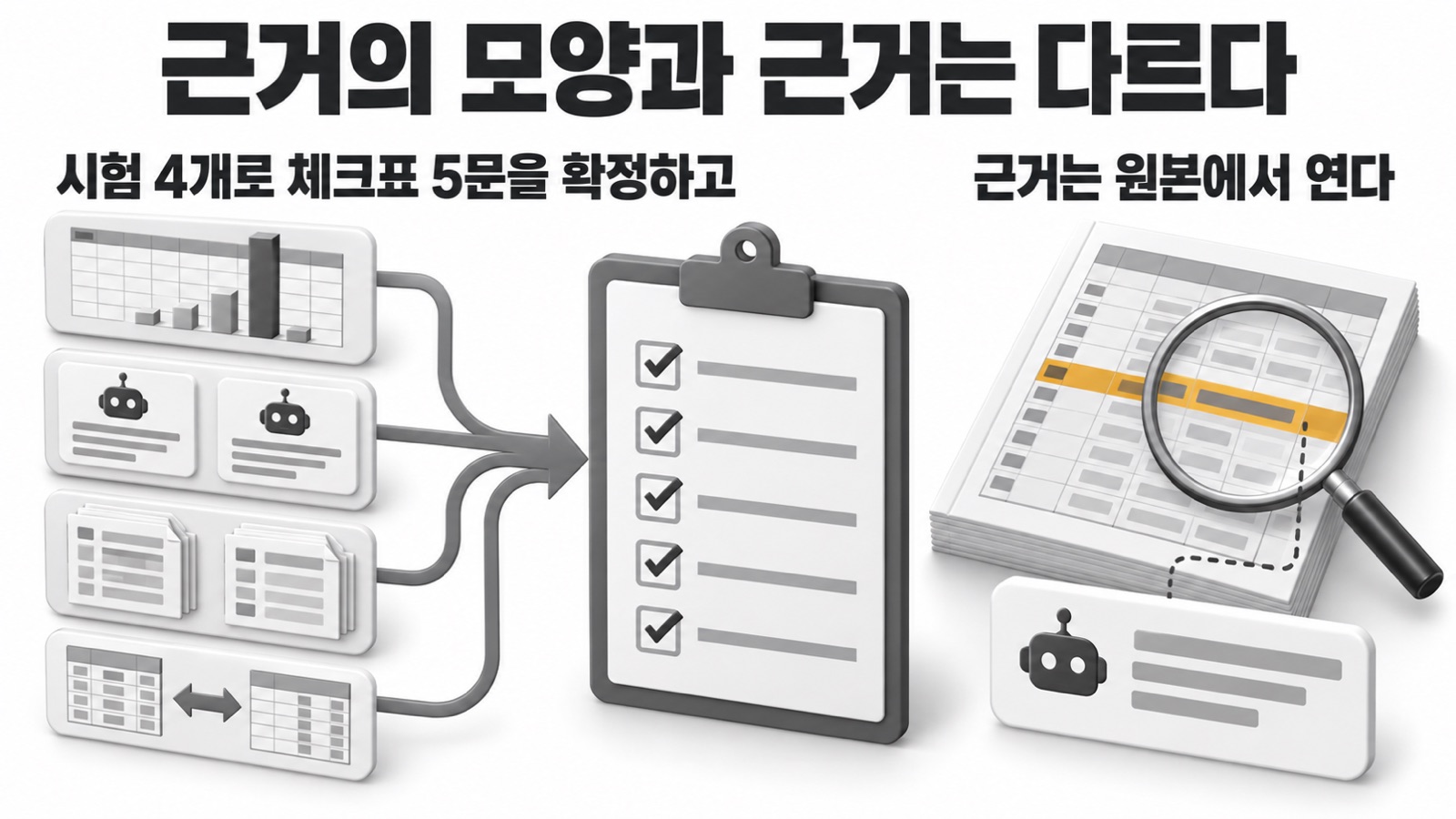 이 글을 한 장으로 요약하면 이렇습니다 — 시험 4개로 체크표 5문을 확정하고, 근거는 원본에서 연다