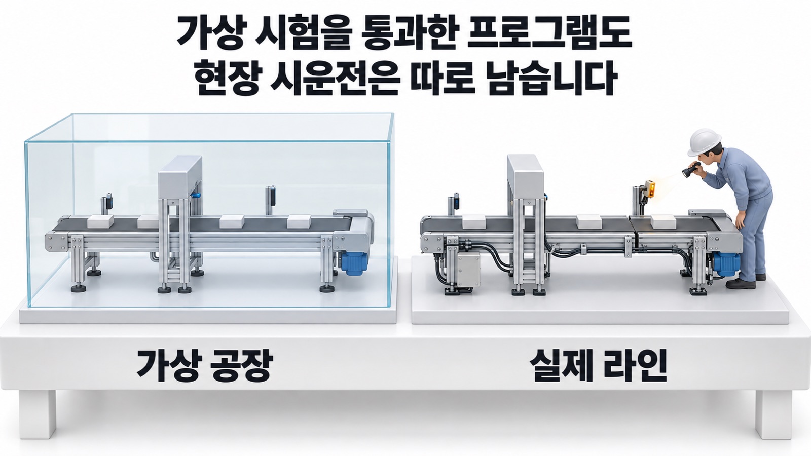가상 공장이 시험하는 범위와 실제 라인에서 생기는 차이를 나란히 놓은 비교
