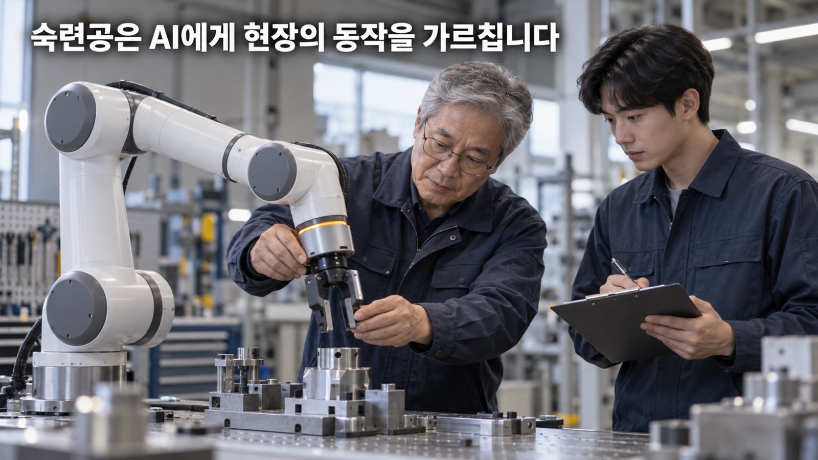 숙련 기술자가 협동 로봇의 동작을 손으로 바로잡고 동료가 기록하는 현장 장면