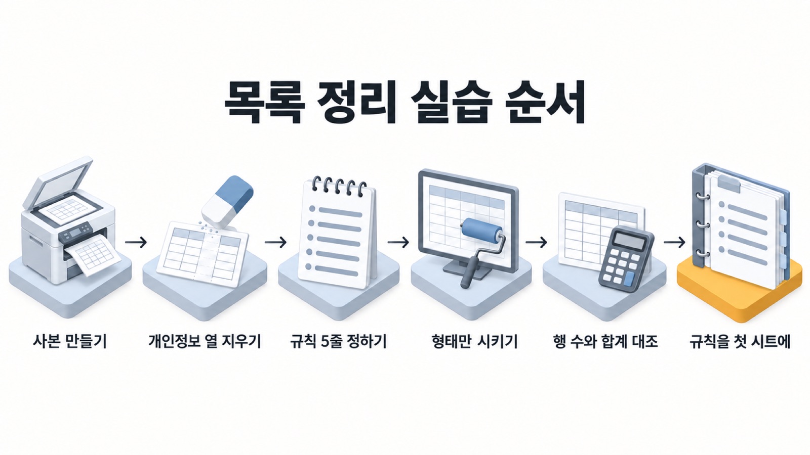 목록 정리 실습 순서 — 사본 만들기, 개인정보 열 지우기, 규칙 5줄 정하기, 형태만 시키기, 행 수와 합계 대조, 규칙을 첫 시트에