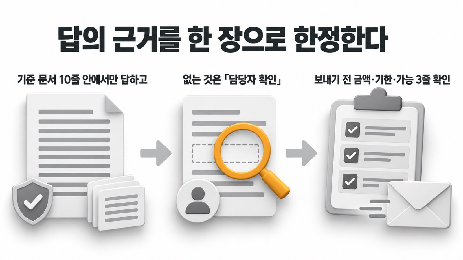 이 글을 한 장으로 요약하면 이렇습니다 — 기준 문서 10줄 안에서만 답하고, 없는 것은 「담당자 확인」, 보내기 전 금액·기한·가능 3줄 확인