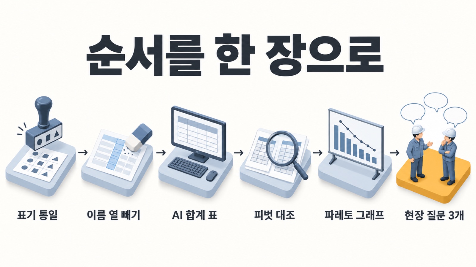 순서를 한 장으로 — 표기 통일, 이름 열 빼기, AI 합계 표, 피벗 대조, 파레토 그래프, 현장 질문 3개