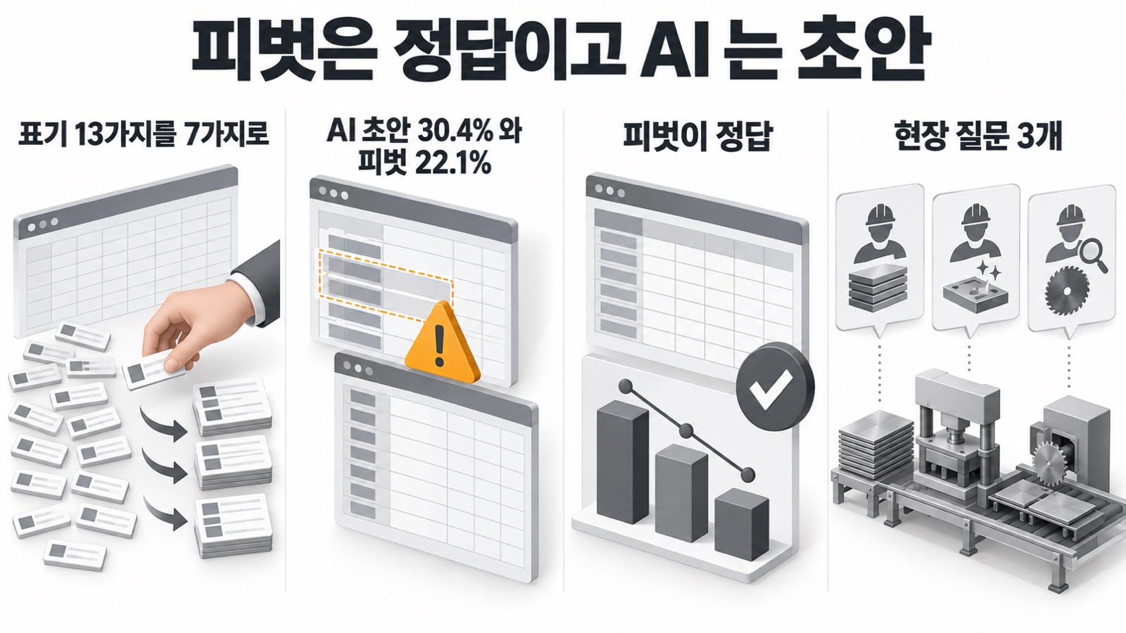 이 글을 한 장으로 요약하면 이렇습니다 — 표기 13가지를 7가지로, AI 초안 30.4% 와 피벗 22.1%, 피벗이 정답, 현장 질문 3개