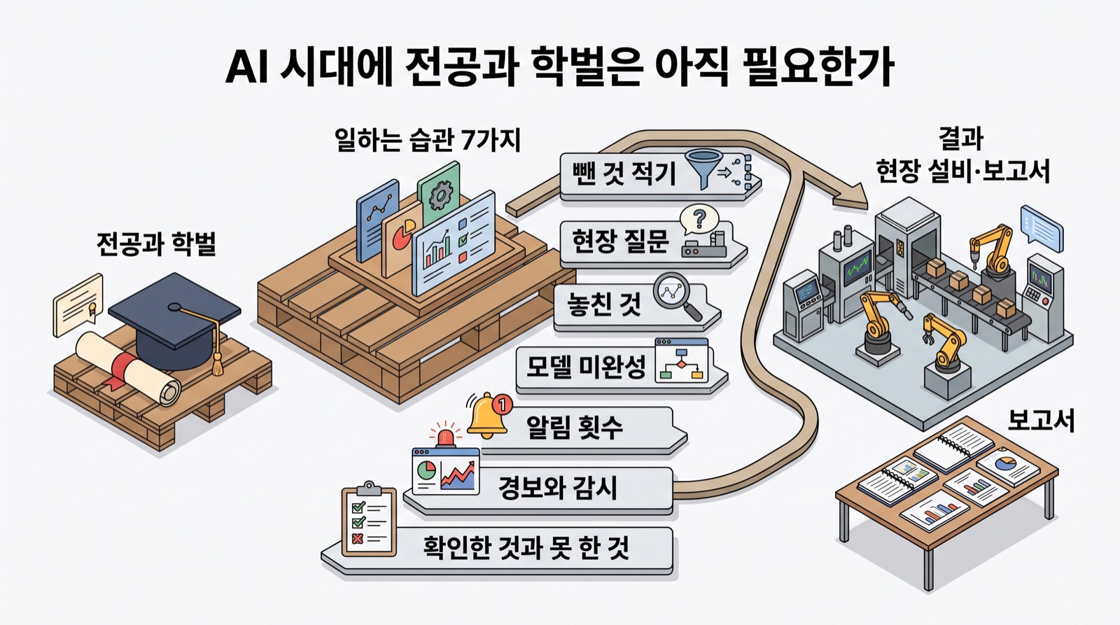 이 글을 한 장으로 요약하면 이렇습니다 — AI 시대에 제조 AI의 결과를 가르는 것은 전공보다 일하는 습관 7가지입니다