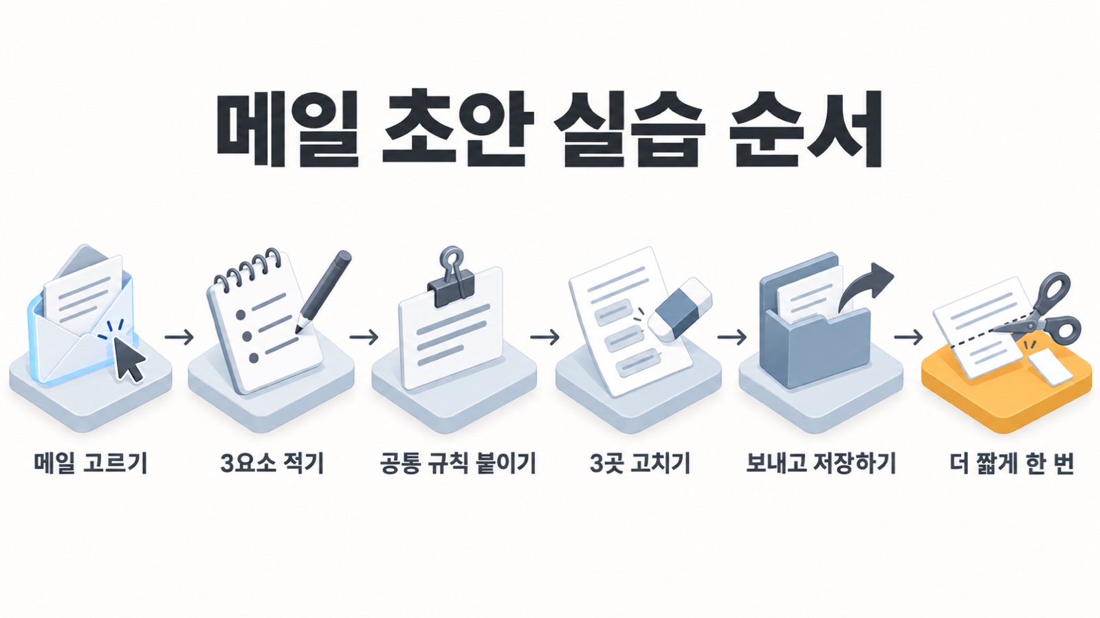 메일 초안 실습 순서 — 메일 고르기, 3요소 적기, 공통 규칙 붙이기, 3곳 고치기, 보내고 저장하기, 더 짧게 한 번