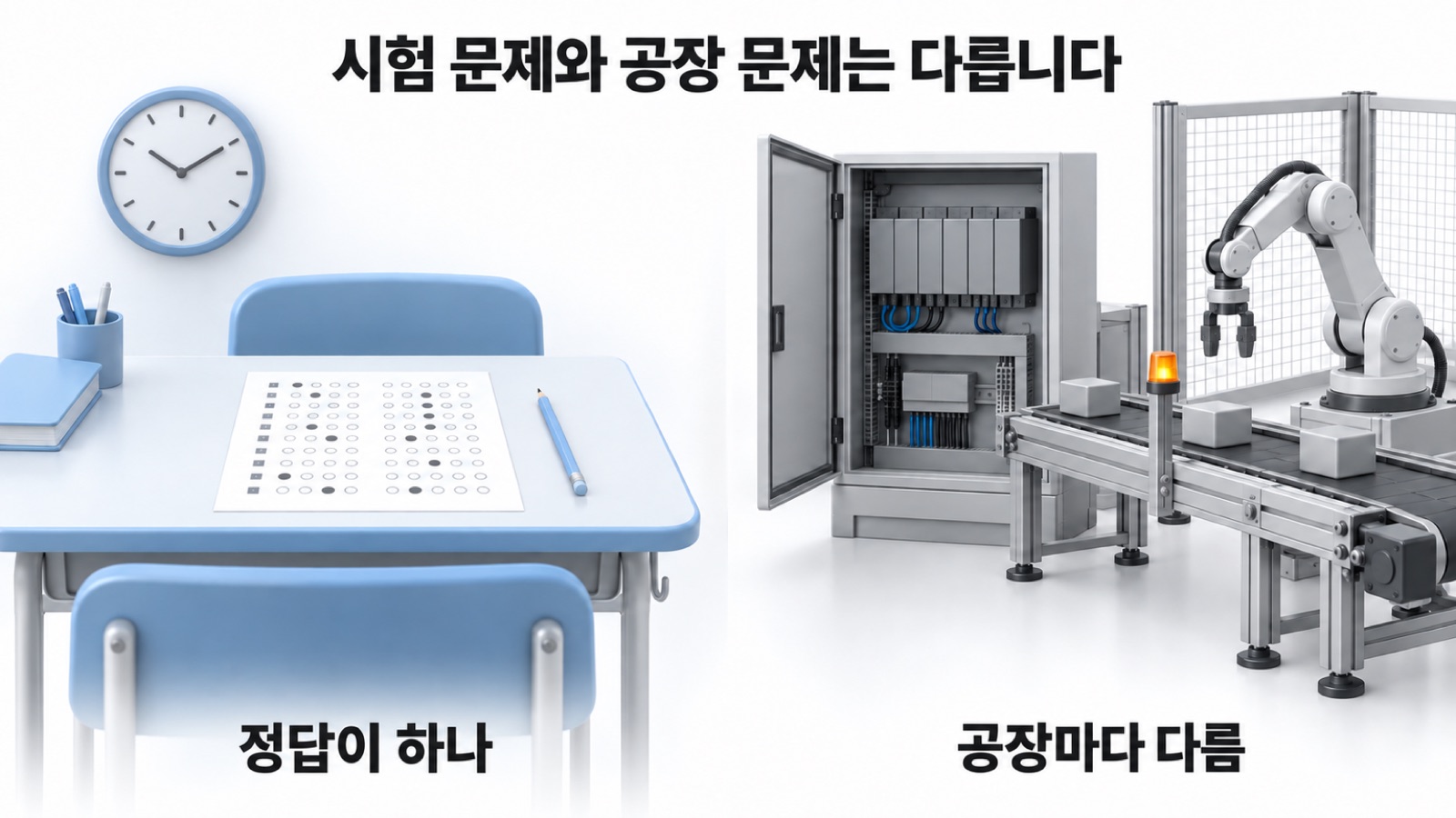 시험 문제와 공장 문제의 차이 — 정답이 하나인지, 근거가 어디에 있는지, 틀리면 무엇이 일어나는지를 나란히 놓은 도식입니다