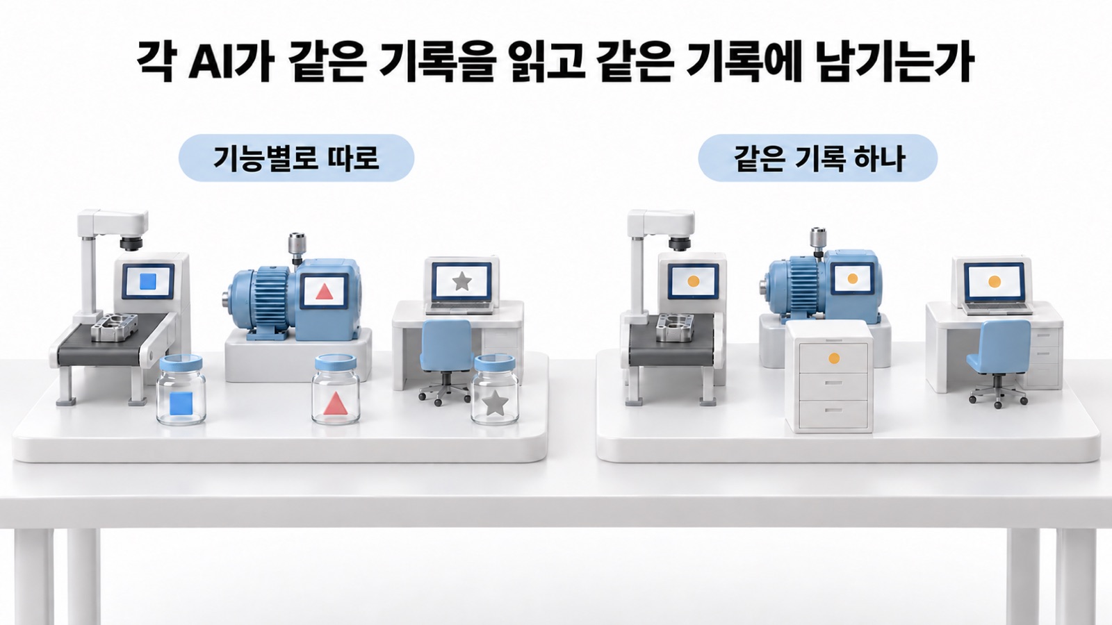 기능별 AI 세 개가 각자의 화면과 데이터를 따로 가진 모습과, 같은 기록 하나를 함께 읽는 모습을 나란히 놓은 비교 장면