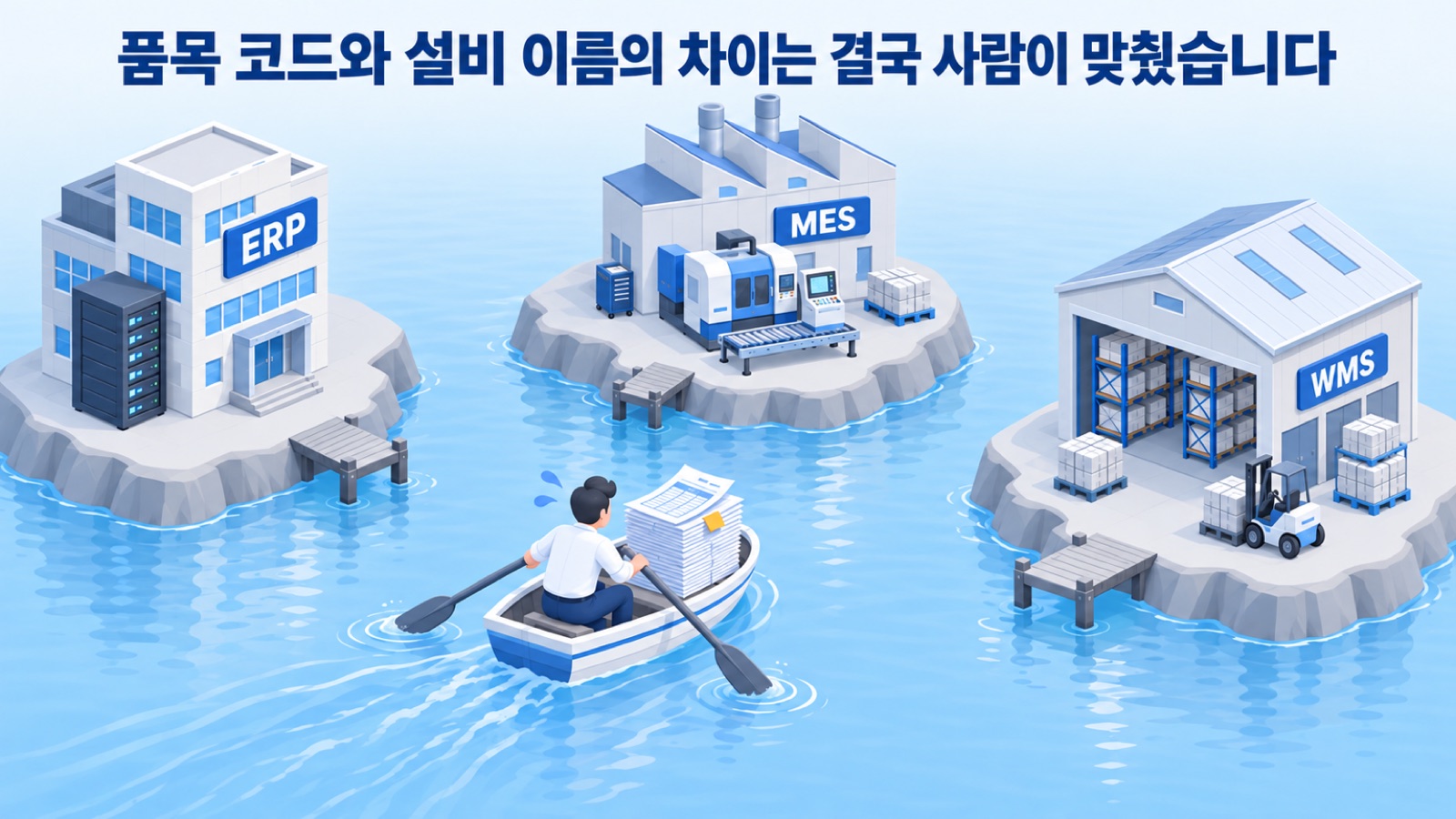 ERP·MES·WMS가 섬처럼 떨어져 있고 그 사이를 사람이 엑셀 묶음을 싣고 오가는 장면