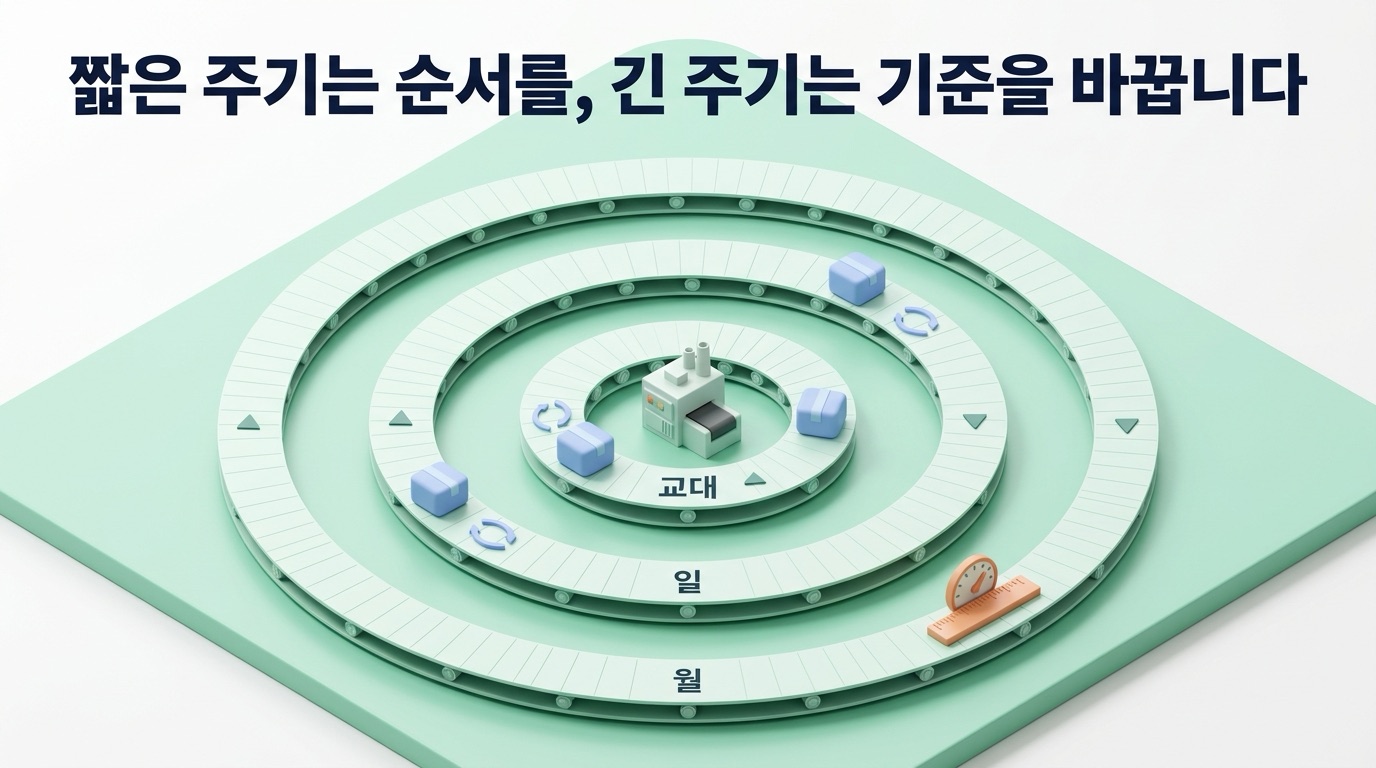 교대와 일 주기는 작업 순서와 일정을, 월 주기는 표준 시간과 작업 표준을 바꿉니다