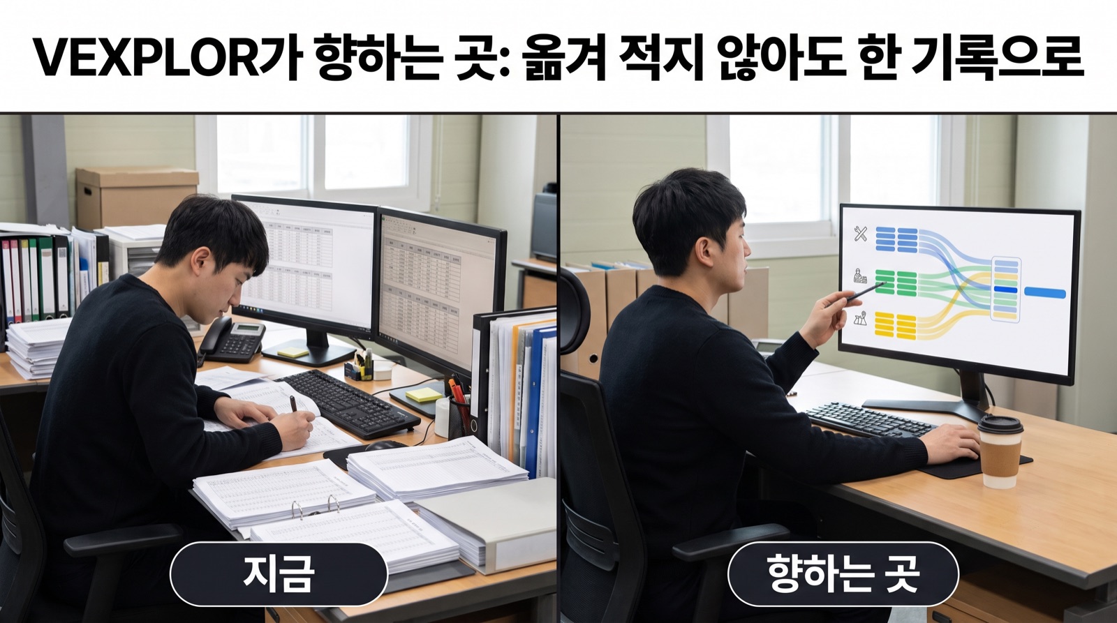 VEXPLOR가 향하는 곳 — 사람이 시스템 사이를 옮겨 적던 기록을, 기존 시스템을 그대로 둔 채 한 기록으로 읽게 하는 것입니다