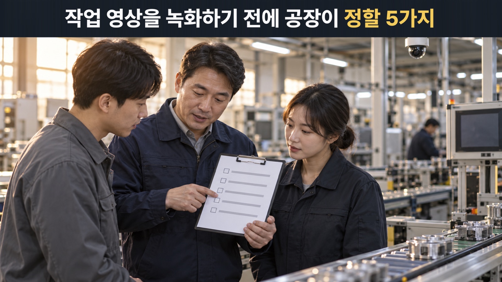 작업 영상을 녹화하기 전에 공장이 정할 5가지를 작업자와 관리자가 함께 확인하는 장면