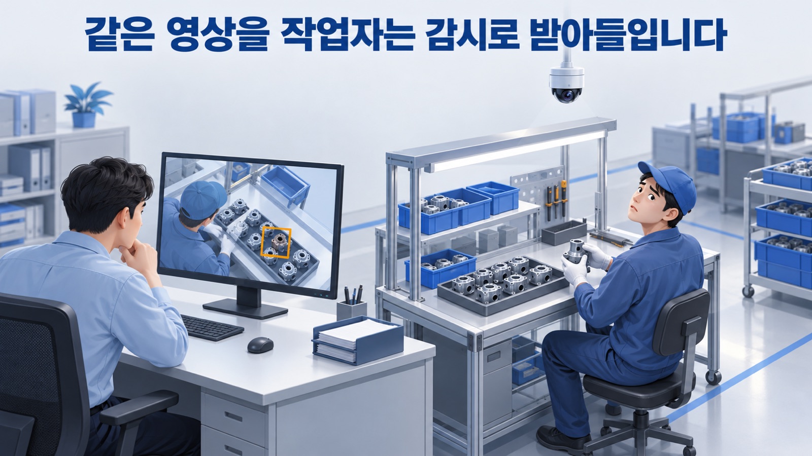 같은 조립 라인 영상을 공정 기술자는 불량 원인 분석으로, 작업자는 감시로 받아들이는 두 시선을 나란히 놓은 장면