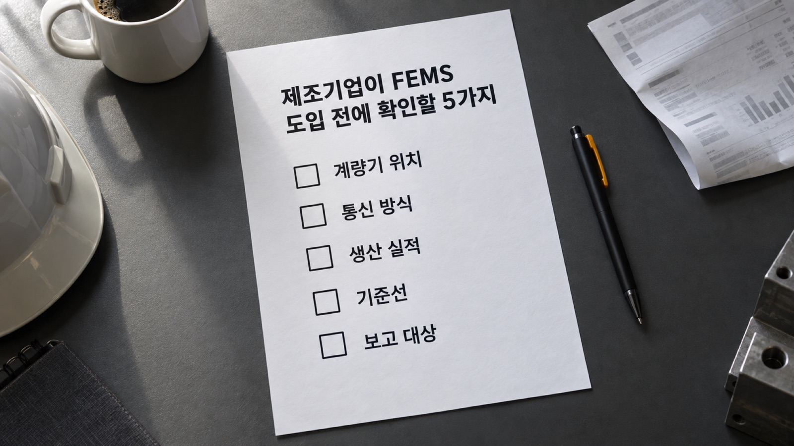 FEMS 도입 전 확인할 5가지를 적은 점검표 — 계량기 위치, 통신 방식, 생산 실적, 기준선, 보고 대상 다섯 줄과 빈 확인란이 있는 인쇄물입니다