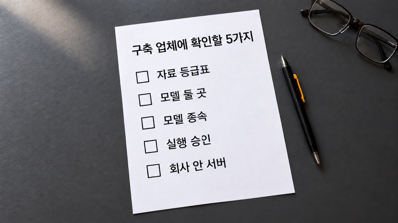 첫 미팅에 가져갈 확인 목록 5가지 — 자료 등급표·모델 둘 곳·모델 종속·실행 승인·회사 안 서버. 통과 답과 탈락 답은 위 표에 있습니다