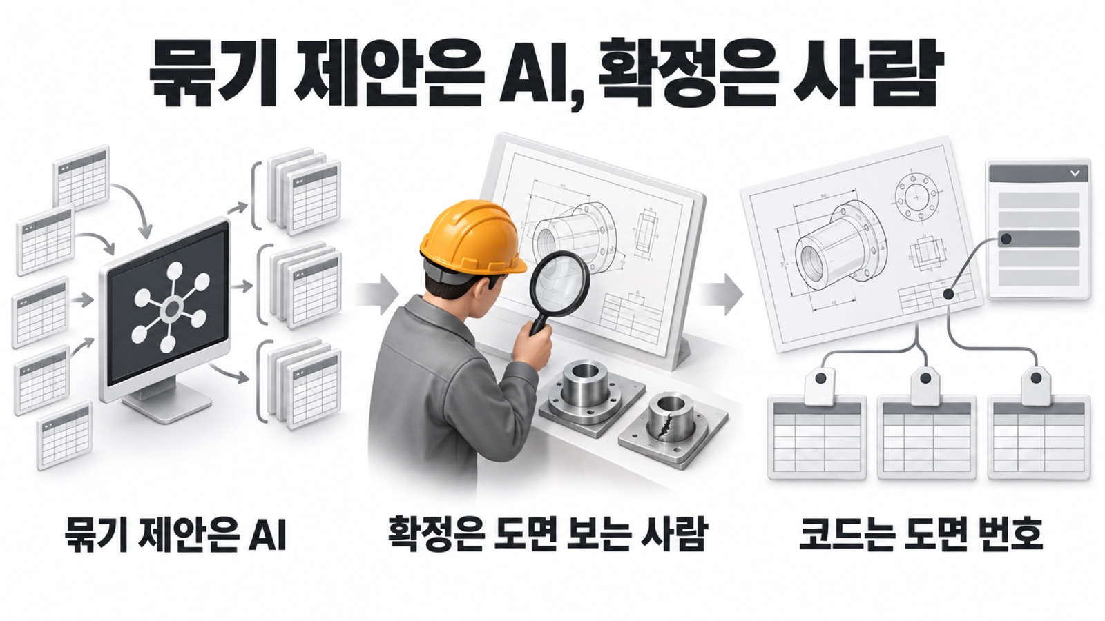 이 글을 한 장으로 요약하면 이렇습니다 — 묶기 제안은 AI, 확정은 도면 보는 사람, 코드는 도면 번호