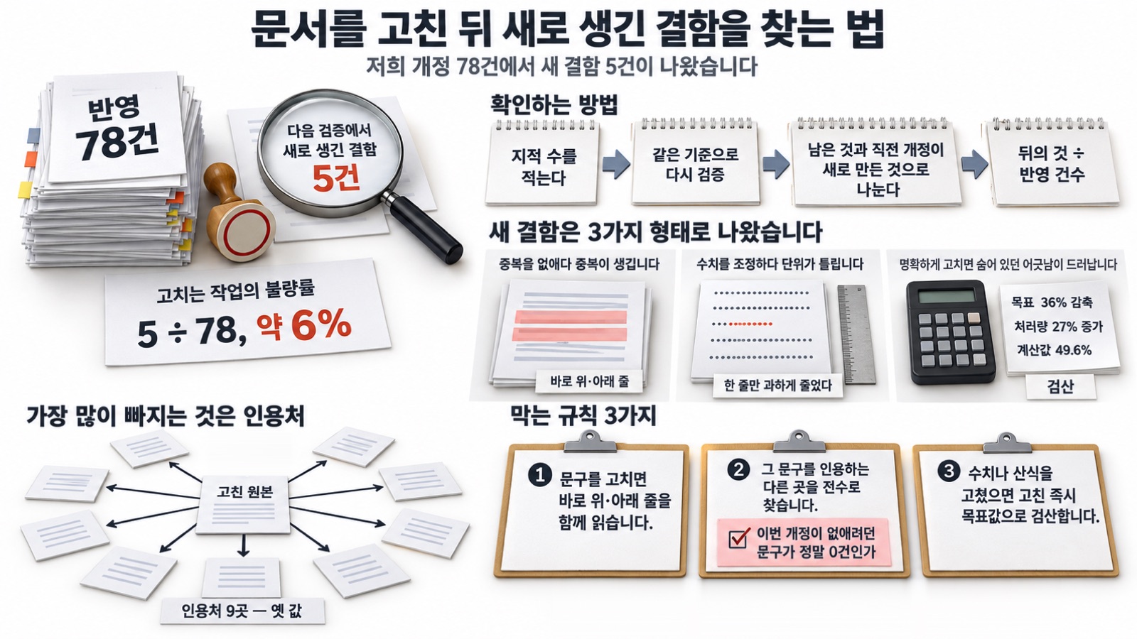 이 글을 한 장으로 요약하면 이렇습니다 — 고치는 작업의 불량률은 반영 건수가 아니라 다음 검증에서 새로 나온 결함으로 확인합니다