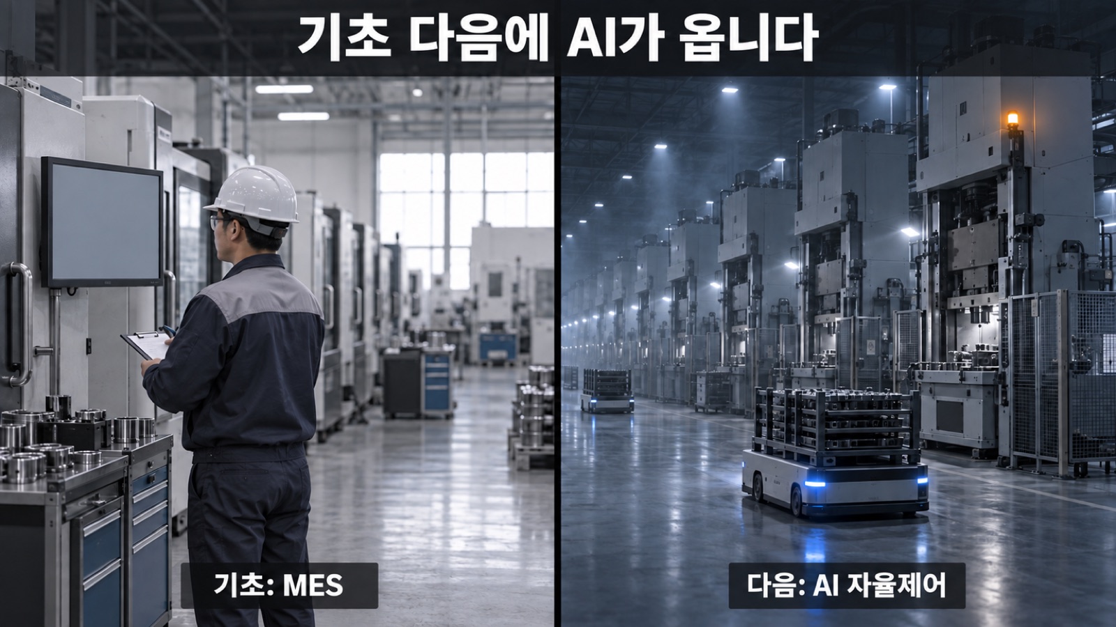 기초 다음에 AI가 오는 순서 — MES를 구축한 부품 제조사과 AI 자율제어가 적용된 프레스 라인을 나란히 놓은 사진 2장입니다