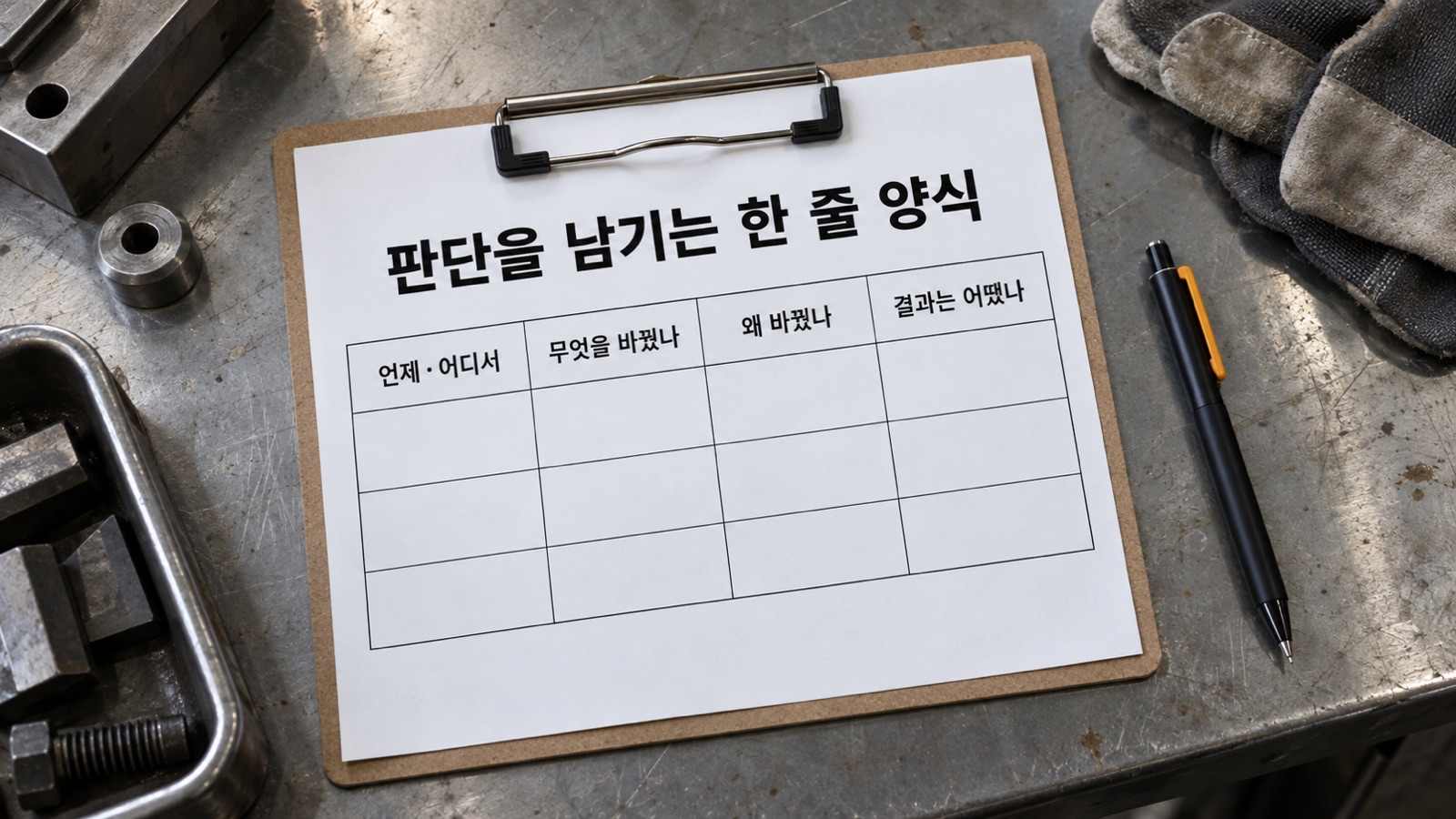 판단을 남기는 한 줄 양식 — 언제·어디서, 무엇을 바꿨나, 왜 바꿨나, 결과는 어땠나 4항목만 적으면 됩니다