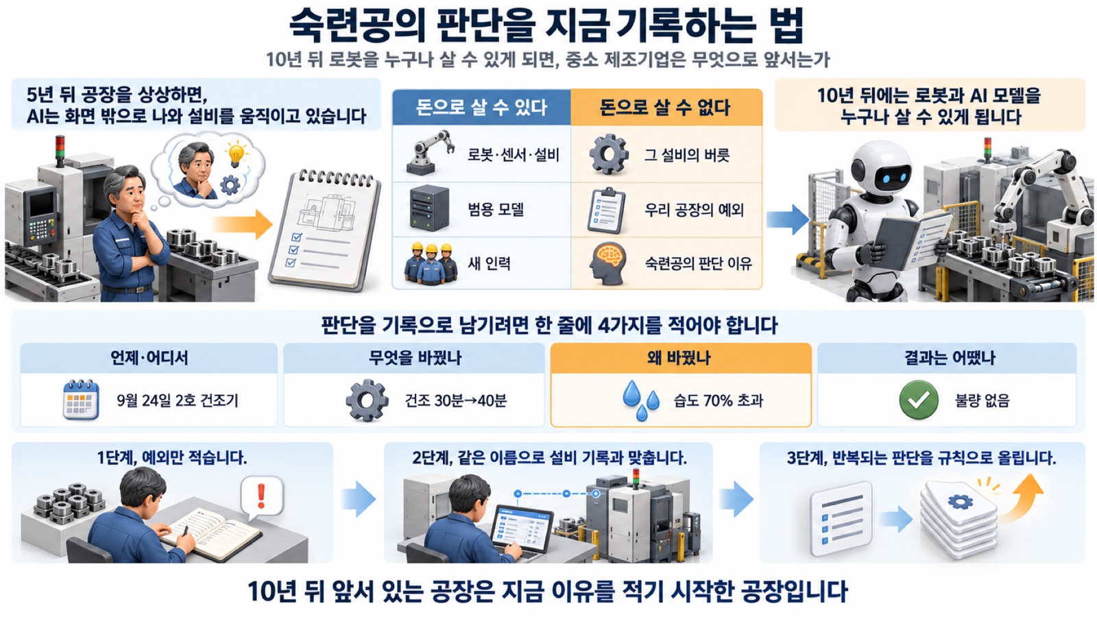 이 글을 한 장으로 요약하면 이렇습니다 — 10년 뒤 로봇과 AI는 누구나 사지만, 숙련공의 판단 기록은 그 공장만 가질 수 있습니다