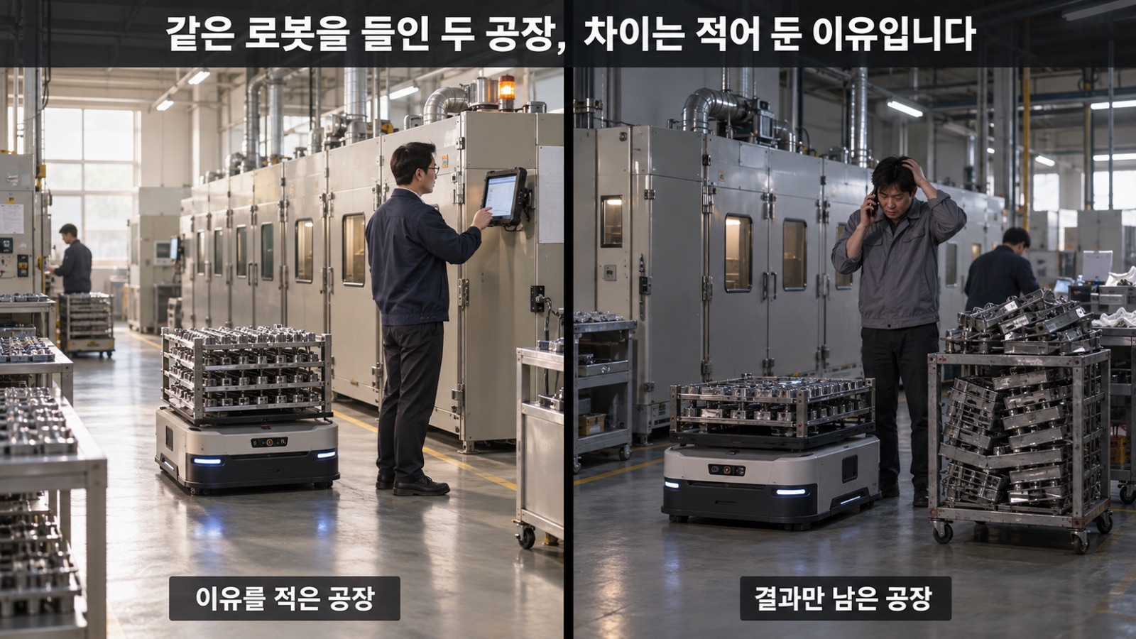 같은 로봇과 같은 AI를 들인 두 공장 — 이유가 기록된 공장은 불량을 오전에 멈추고, 이유가 없는 공장은 원인을 사람에게 되묻습니다