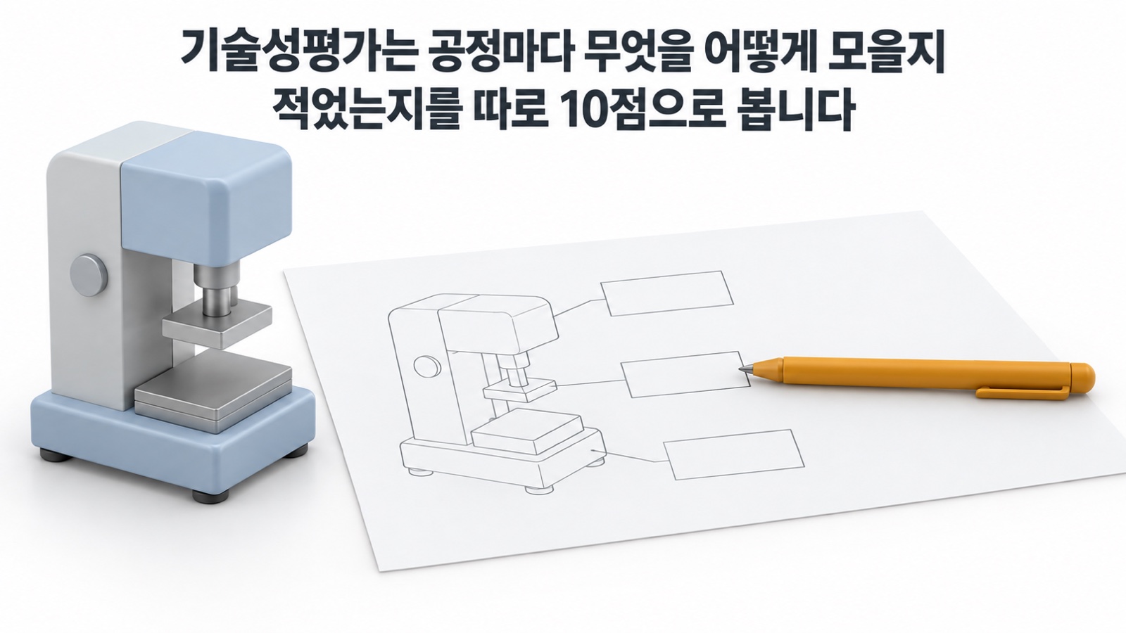 프레스 모형 옆 계획 종이에 같은 프레스 그림과 빈 칸이 있고 펜이 빈 칸을 채우려 합니다 — 기술성평가는 공정마다 무엇을 어떻게 모을지 적었는지를 따로 10점으로 봅니다
