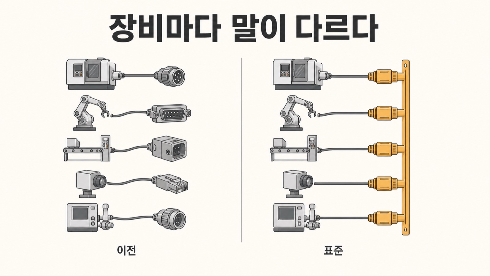 장비마다 다른 커넥터가 하나의 표준 레일로 모이는 그림