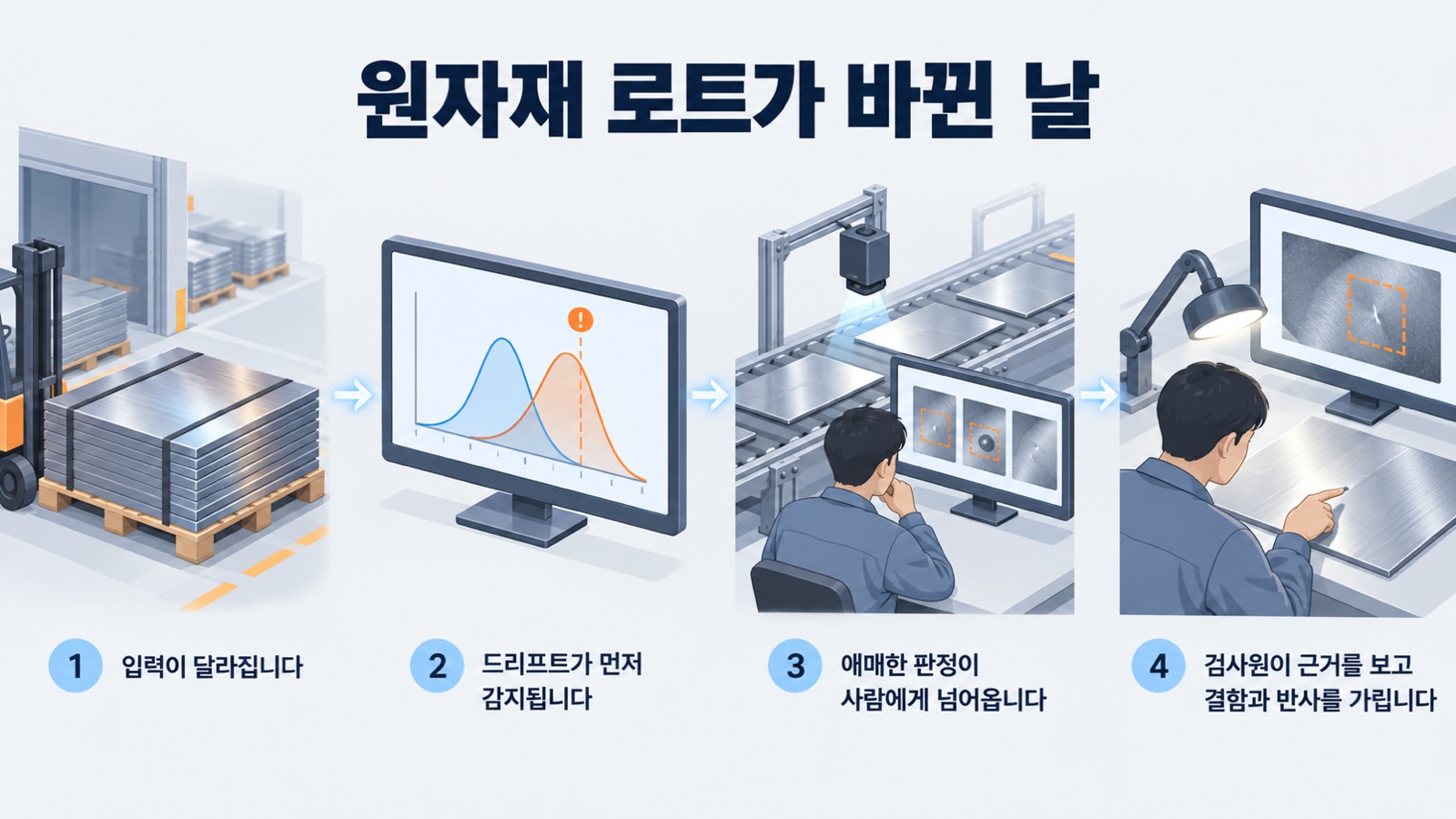원자재 로트가 바뀐 날 세 장치가 움직이는 순서를 그린 예시 — 입력 변화, 드리프트 감지, 애매한 판정 넘김, 근거 확인