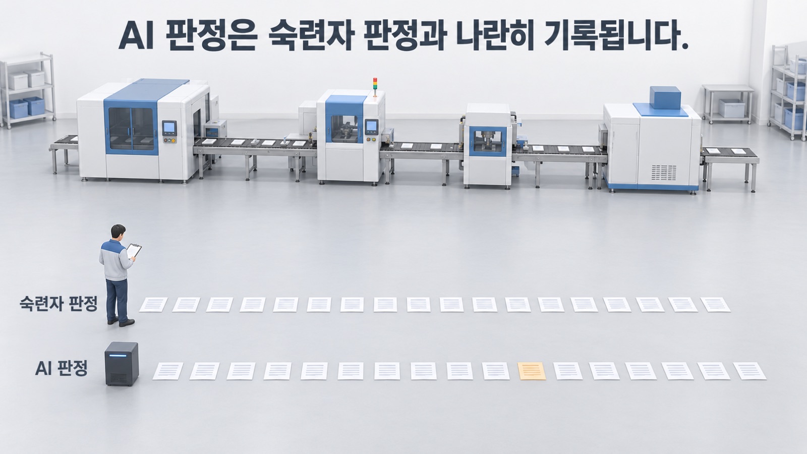 섀도 모드에서 AI 판정은 공정에 개입하지 않고 숙련자 판정과 나란히 기록되며, 두 판정이 다른 곳이 드러납니다