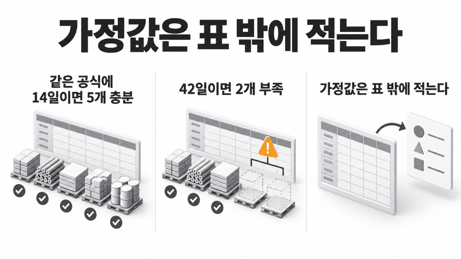 이 글을 한 장으로 요약하면 이렇습니다 — 같은 공식에 14일이면 5개 충분, 42일이면 2개 부족. 가정값은 표 밖에 적는다