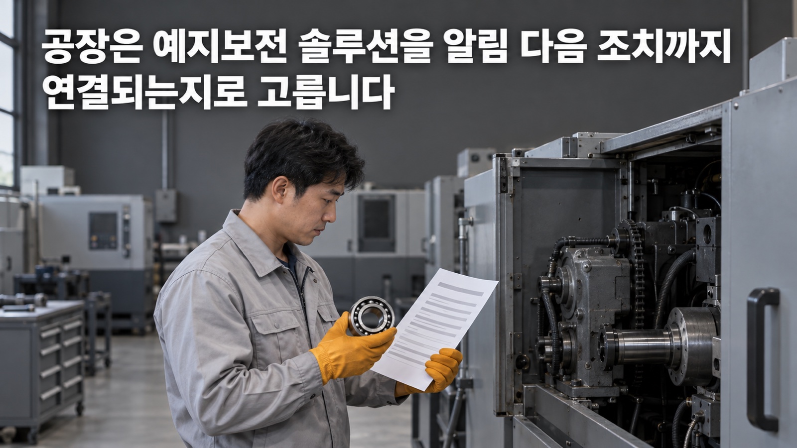 정비 담당이 덮개를 연 설비 옆에서 교체 베어링과 작업지시서를 들고 확인합니다 — 공장은 예지보전 솔루션을 알림 다음 조치까지 연결되는지로 고릅니다
