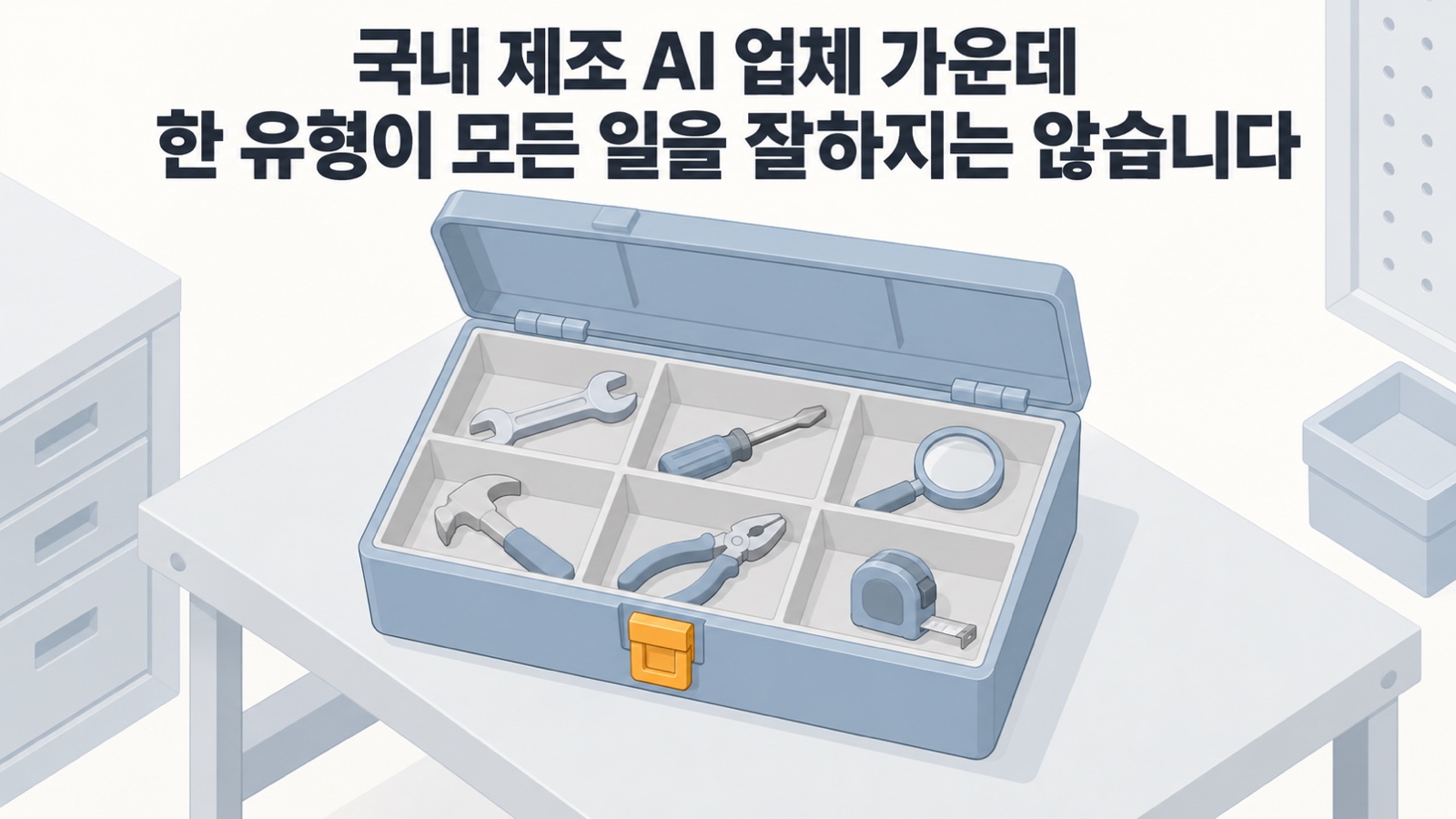 칸이 여섯인 공구함에 쓰임이 서로 다른 공구가 하나씩 들어 있습니다 — 국내 제조 AI 업체 가운데 한 유형이 모든 일을 잘하지는 않습니다
