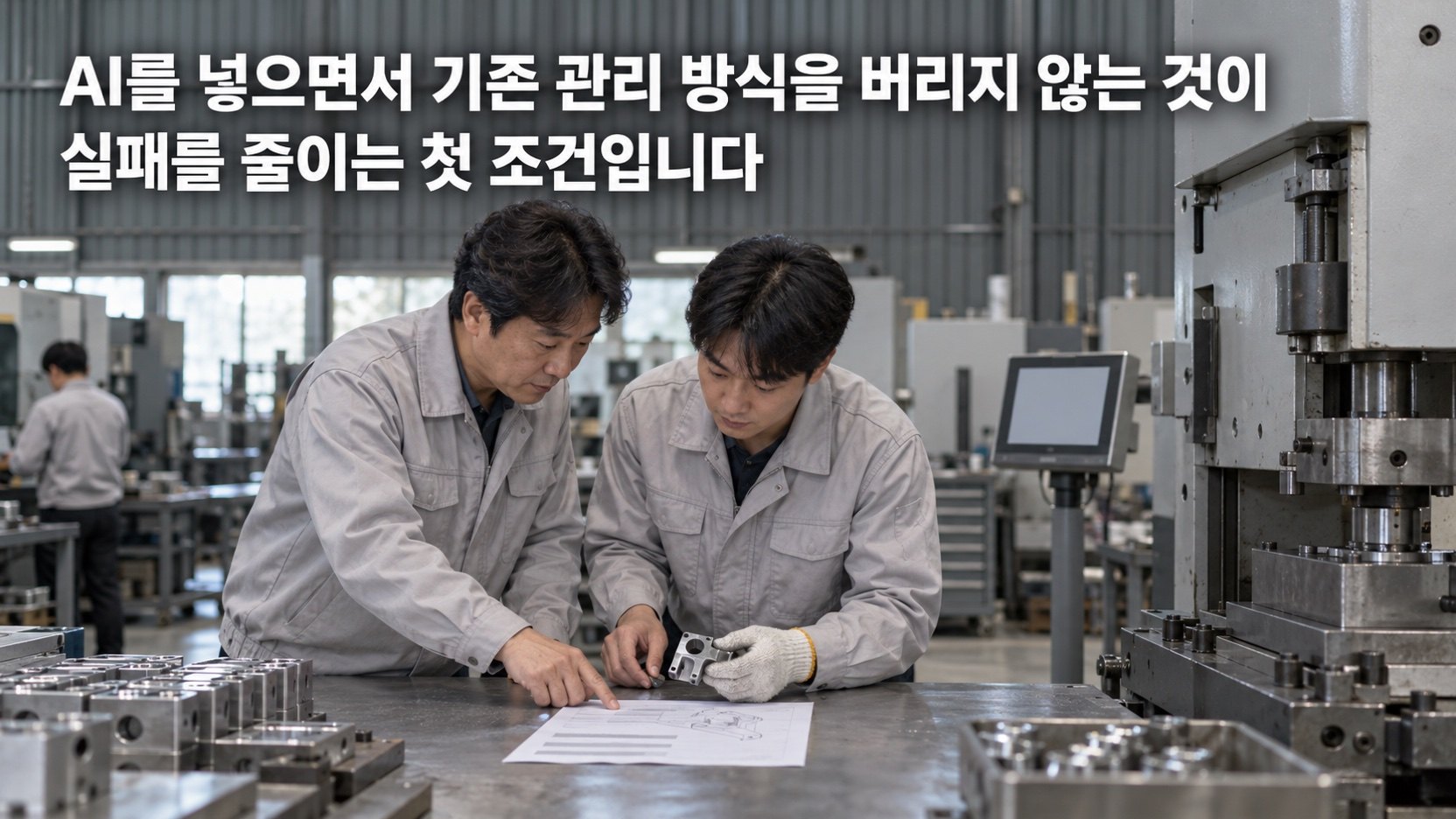 새 단말이 들어온 뒤에도 반장과 작업자가 설비 옆에서 작업표준서를 함께 확인하는 모습 — AI를 넣어도 기존 관리 방식은 그대로 둡니다