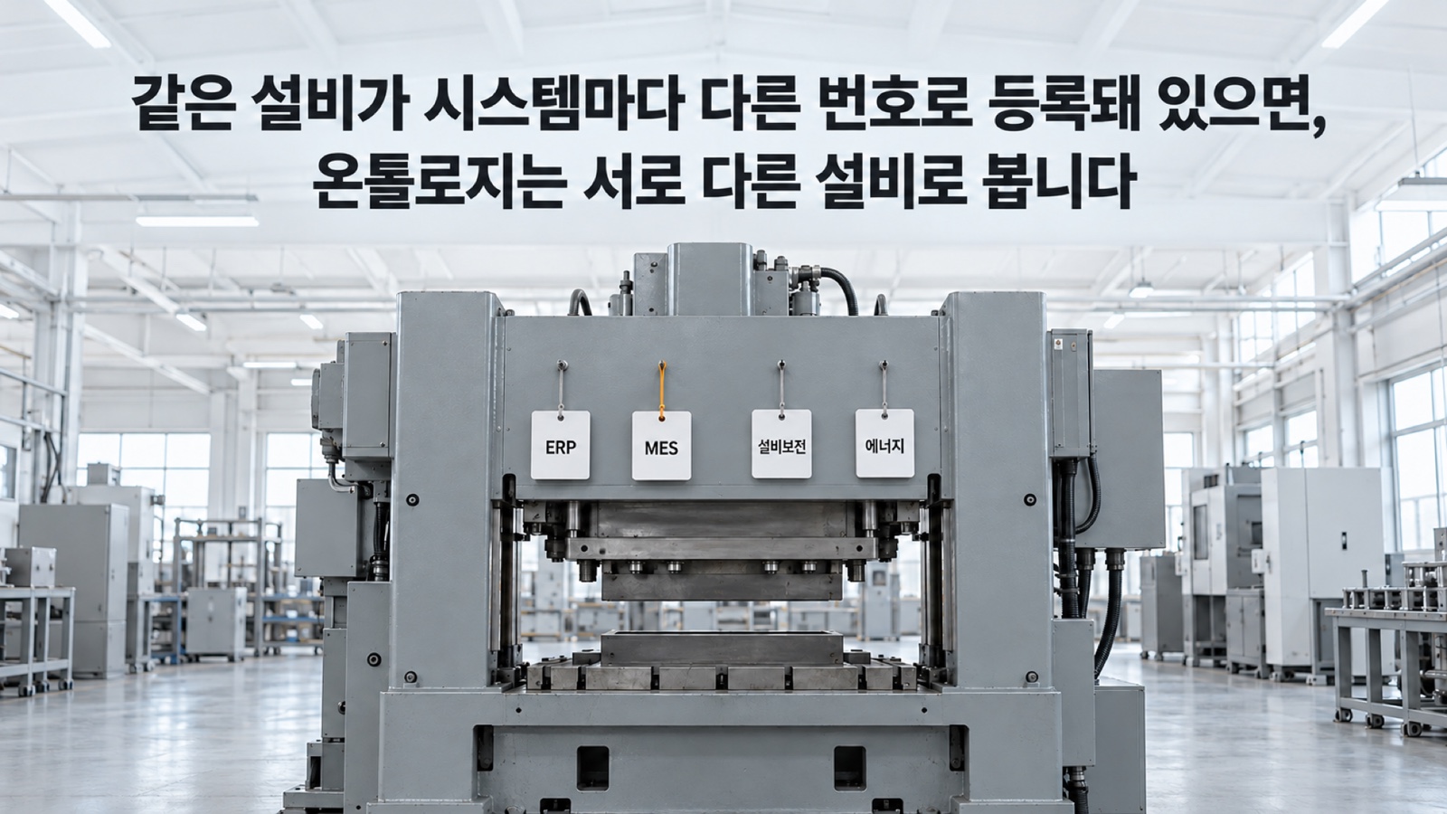 프레스 한 대 앞면에 ERP·MES·설비보전·에너지 꼬리표 4개가 나란히 매달려 있습니다 — 같은 설비가 시스템마다 다른 번호로 등록돼 있으면, 온톨로지는 서로 다른 설비로 봅니다