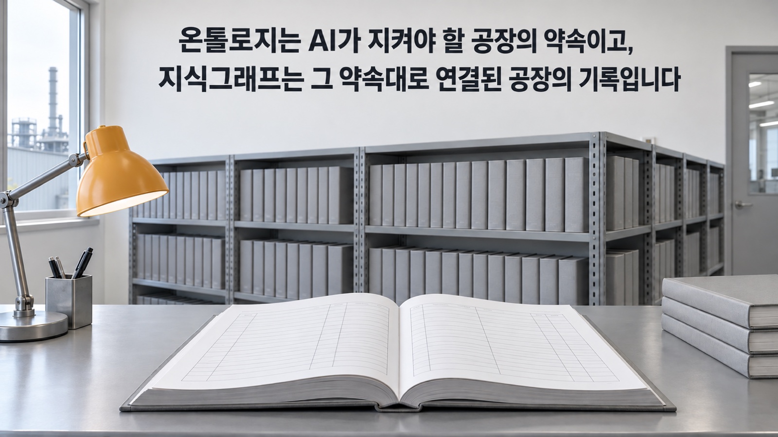 앞쪽 책상에 펼친 규칙 책이 있고, 그 뒤 서가에 기록 장부가 가지런히 채워져 있습니다 — 온톨로지는 AI가 지켜야 할 공장의 약속이고, 지식그래프는 그 약속대로 연결된 공장의 기록입니다