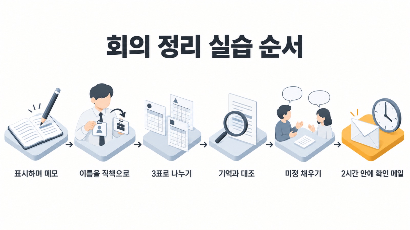 회의 정리 실습 순서 — 표시하며 메모, 이름을 직책으로, 3표로 나누기, 기억과 대조, 미정 채우기, 2시간 안에 확인 메일