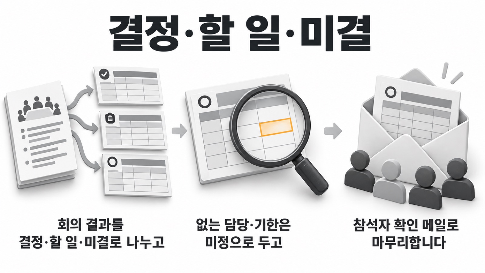 이 글을 한 장으로 요약하면 이렇습니다 — 회의 결과를 결정·할 일·미결로 나누고, 없는 담당·기한은 미정으로 두고, 참석자 확인 메일로 마무리합니다