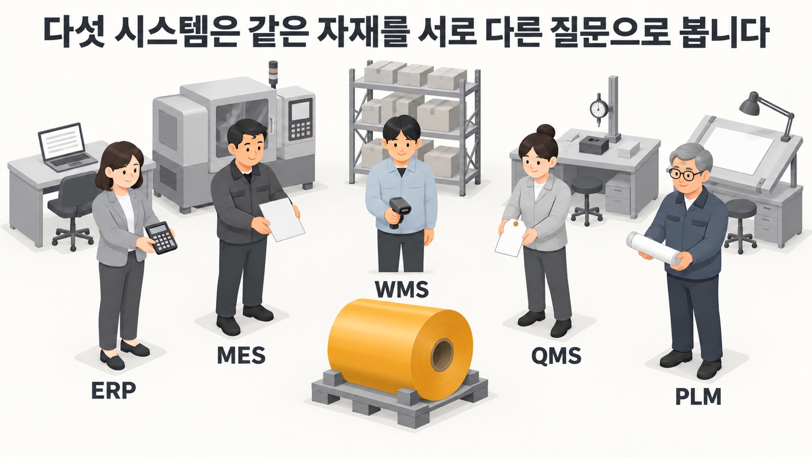 같은 원자재 한 롤을 두고 ERP·MES·WMS·QMS·PLM이 서로 다른 질문을 던집니다