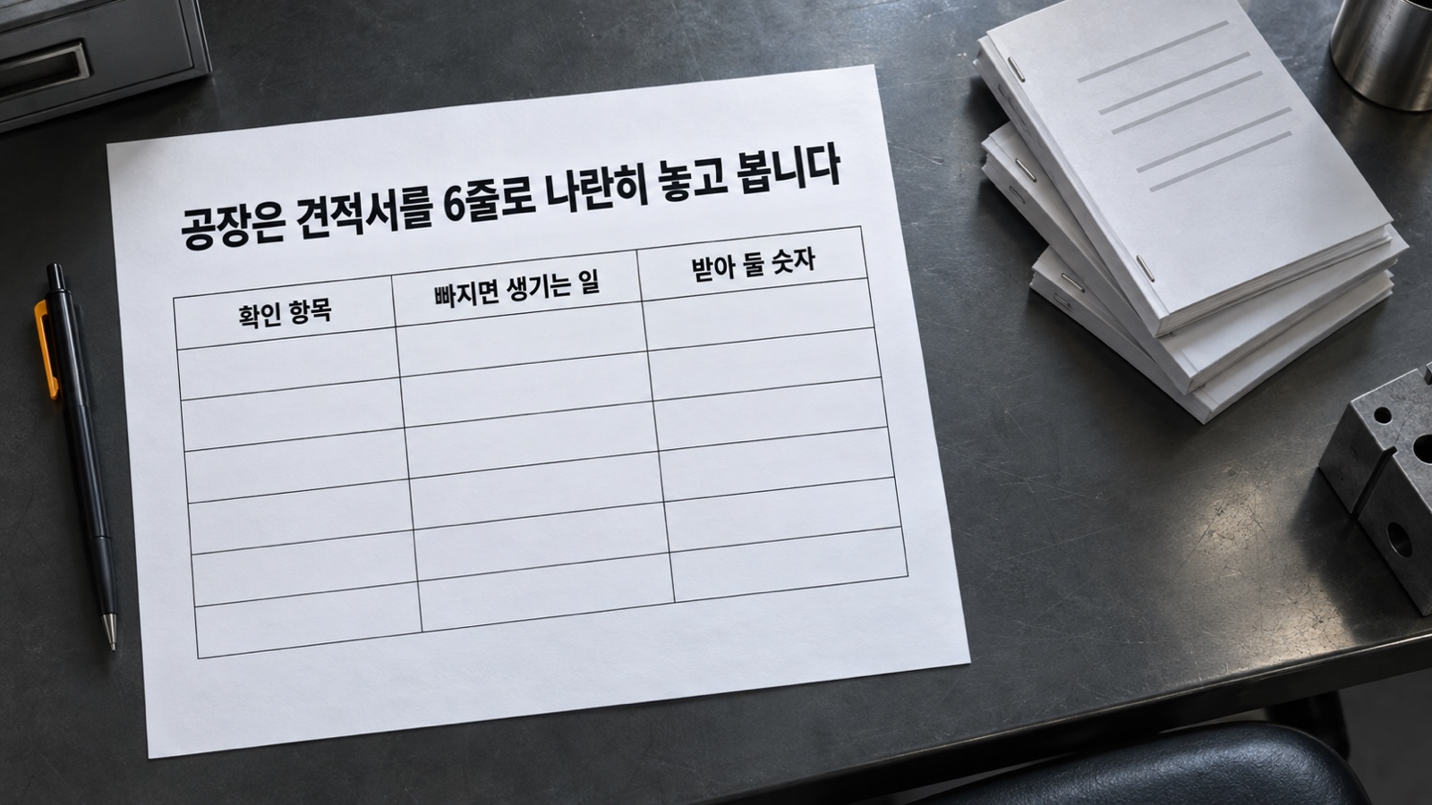 책상 위 A4 종이 한 장에 확인 항목·빠지면 생기는 일·받아 둘 숫자 머리글의 빈 비교표가 인쇄돼 있고, 옆에 견적서 묶음 셋이 놓여 있습니다 — 공장은 견적서마다 6줄을 같은 표로 옮겨 봅니다