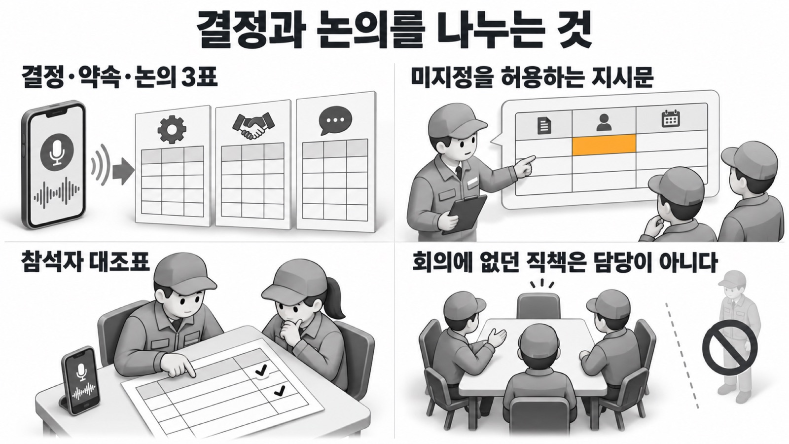 이 글을 한 장으로 요약하면 이렇습니다 — 결정·약속·논의 3표, 미지정을 허용하는 지시문, 참석자 대조표, 회의에 없던 직책은 담당이 아니다