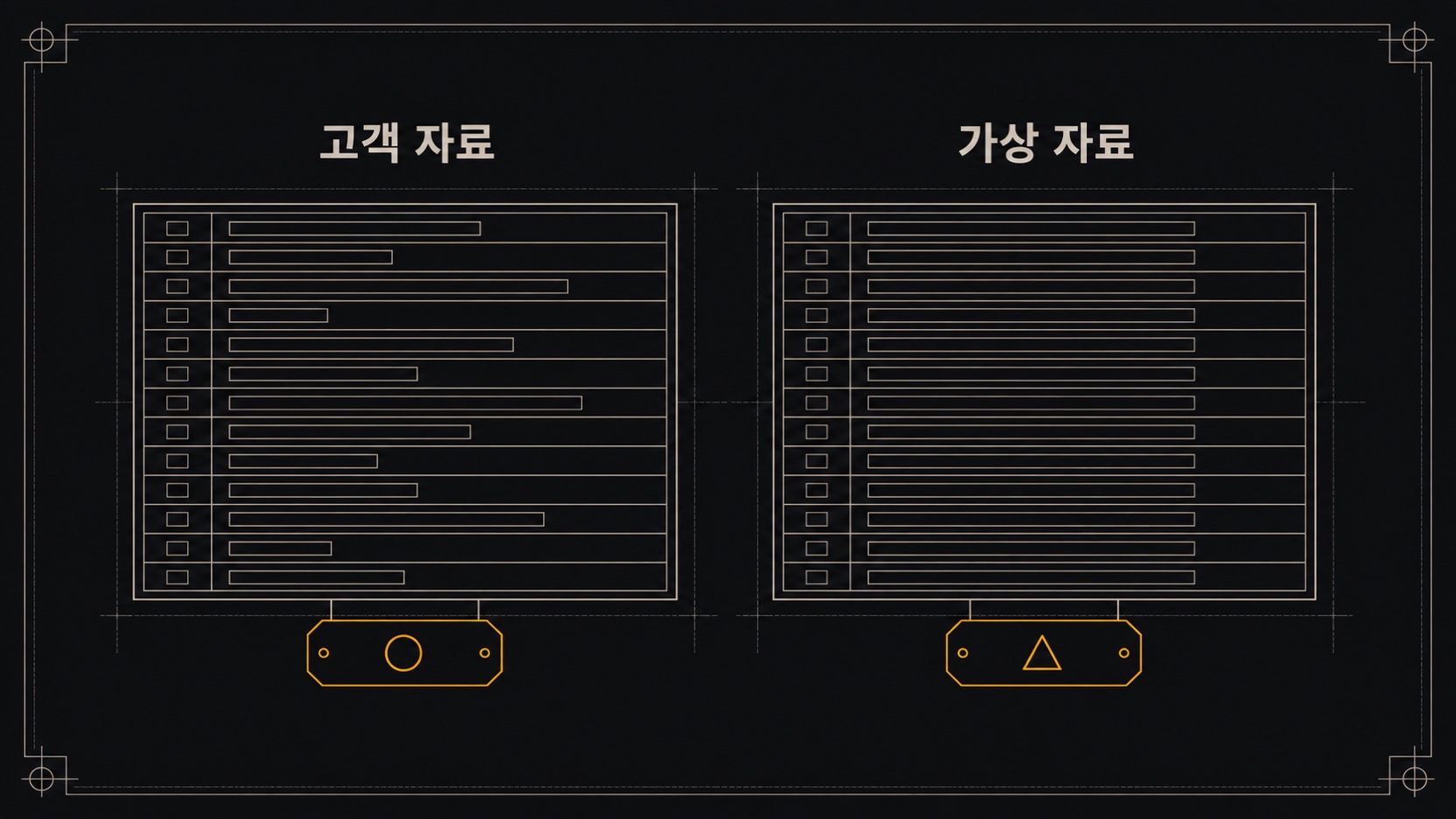 고객 자료로 찍은 화면과 가상 자료로 만든 화면은 같은 화면이라 눈으로 안 갈립니다. 그래서 이름표부터 다르게 둡니다.