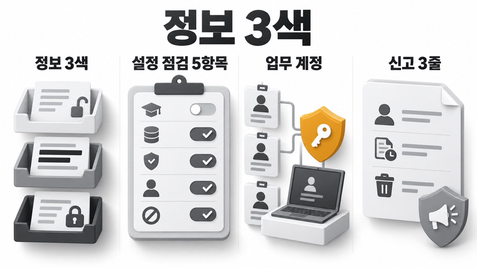 이 글을 한 장으로 요약하면 이렇습니다 — 정보 3색, 설정 점검 5항목, 업무 계정, 신고 3줄