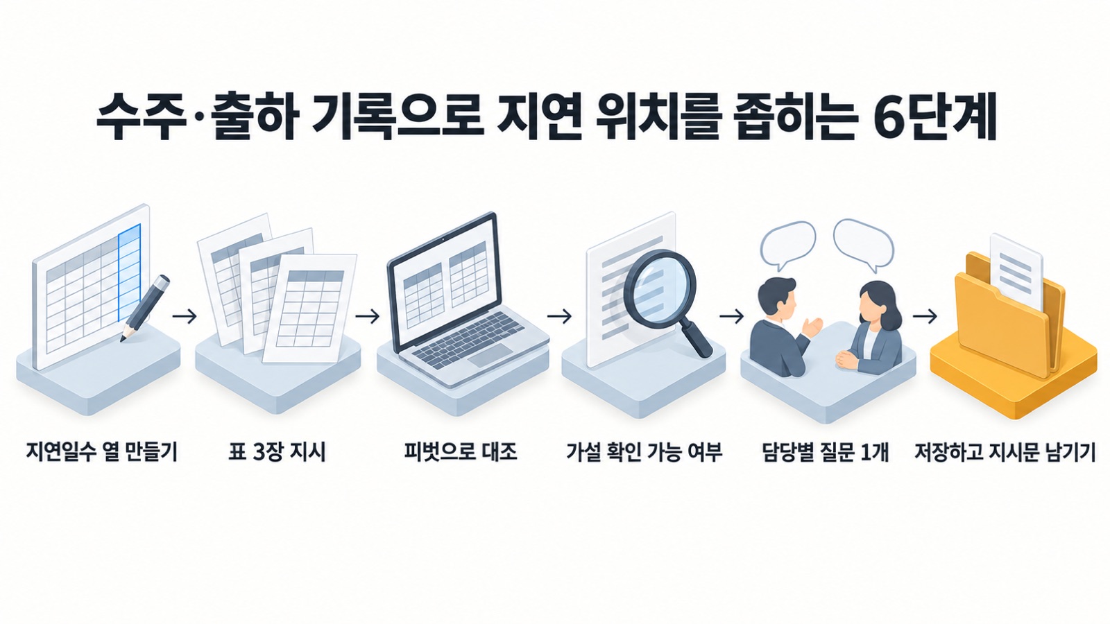 수주·출하 기록으로 지연 위치를 좁히는 6단계 — 지연일수 열 만들기, 표 3장 지시, 피벗 대조, 가설 확인 가능 여부 묻기, 담당별 질문, 저장하고 지시문 남기기