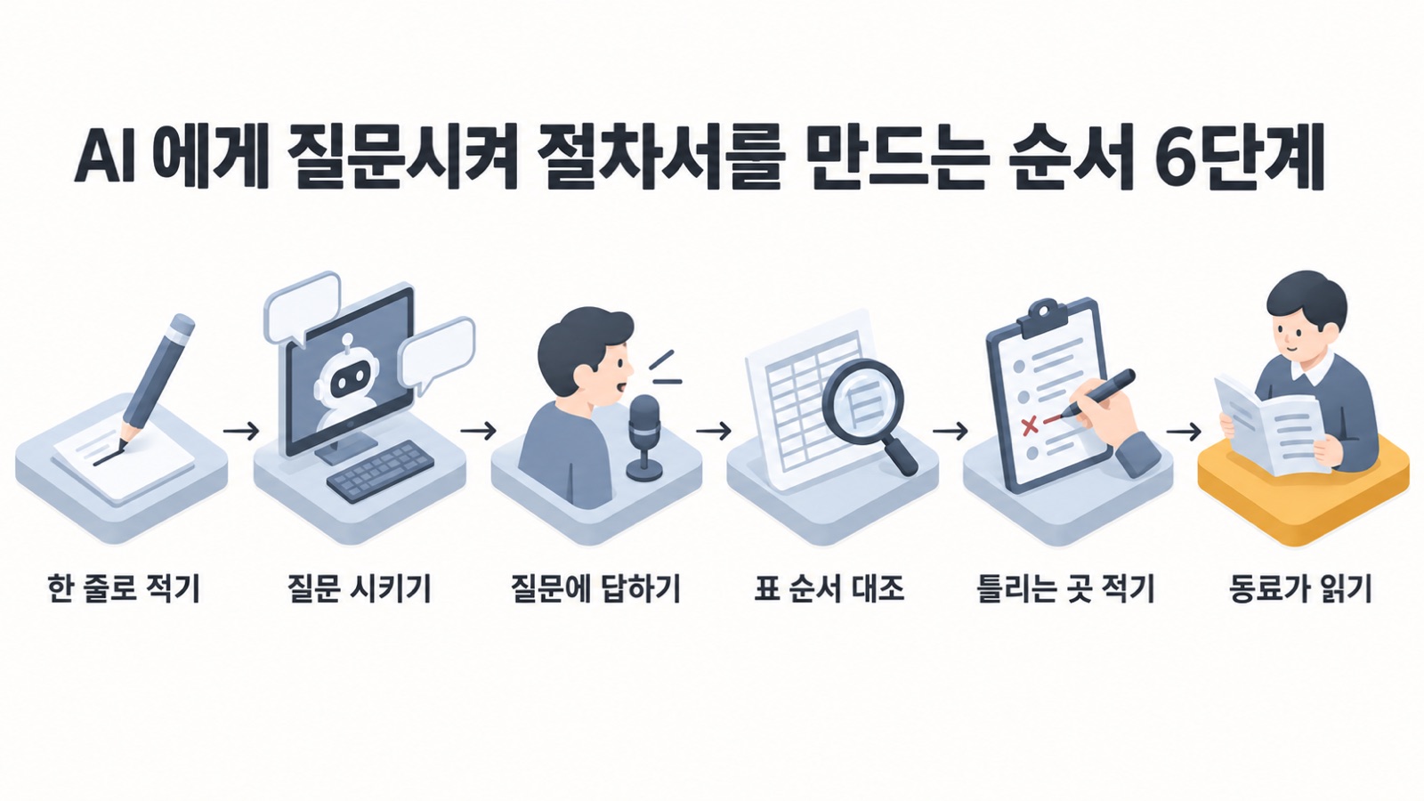 AI 에게 질문시켜 절차서를 만드는 순서 6단계 — 한 줄로 적기, 질문 시키기, 질문에 답하기, 표 순서 대조, 틀리는 곳 적기, 동료가 읽기