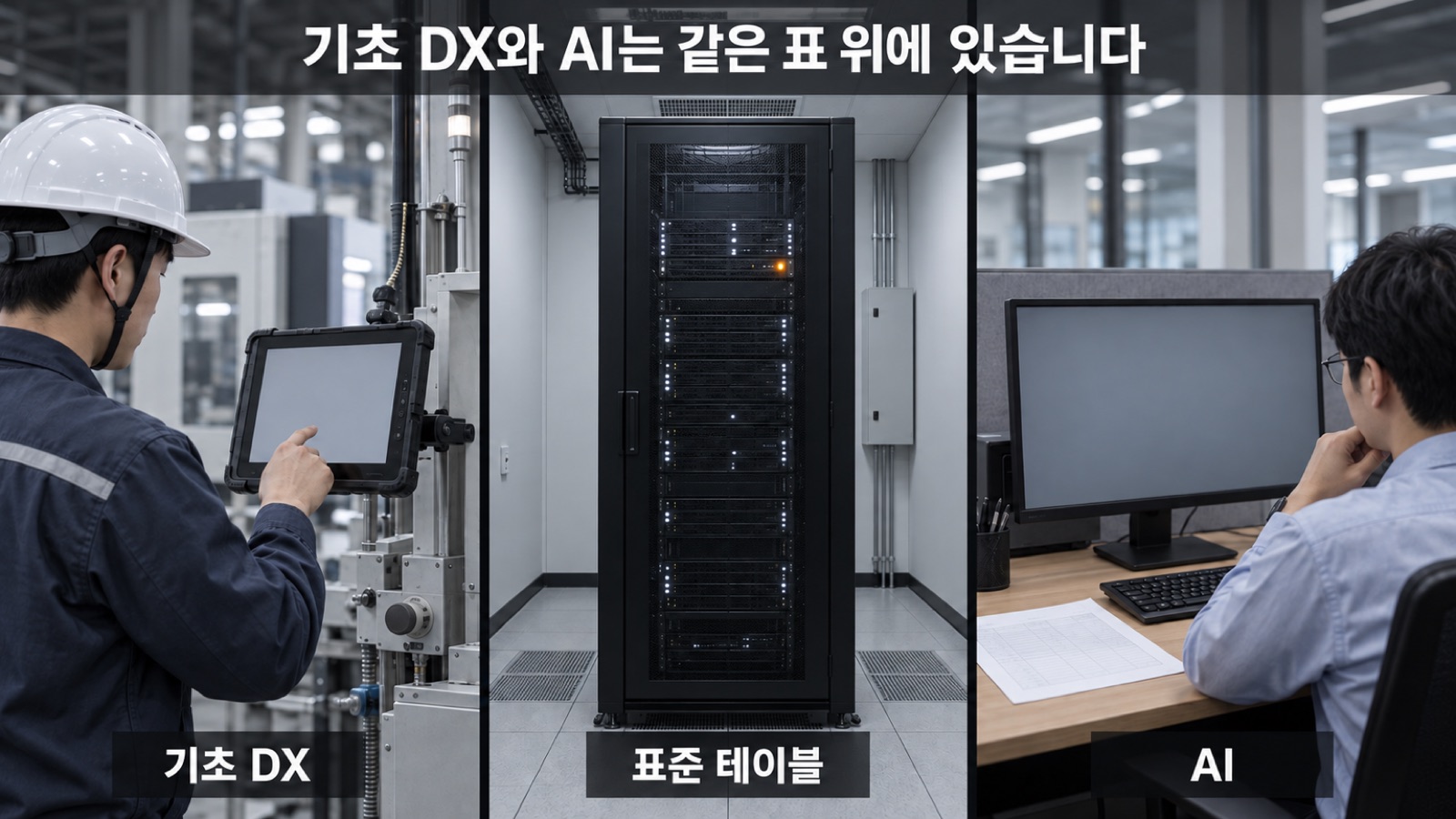 기초 DX와 AI가 같은 표준 테이블 위에 있다는 구조 — 현장의 기초 DX 입력 화면, 표준 테이블이 있는 서버, 사무실의 AI 화면을 나란히 놓은 사진 3장입니다