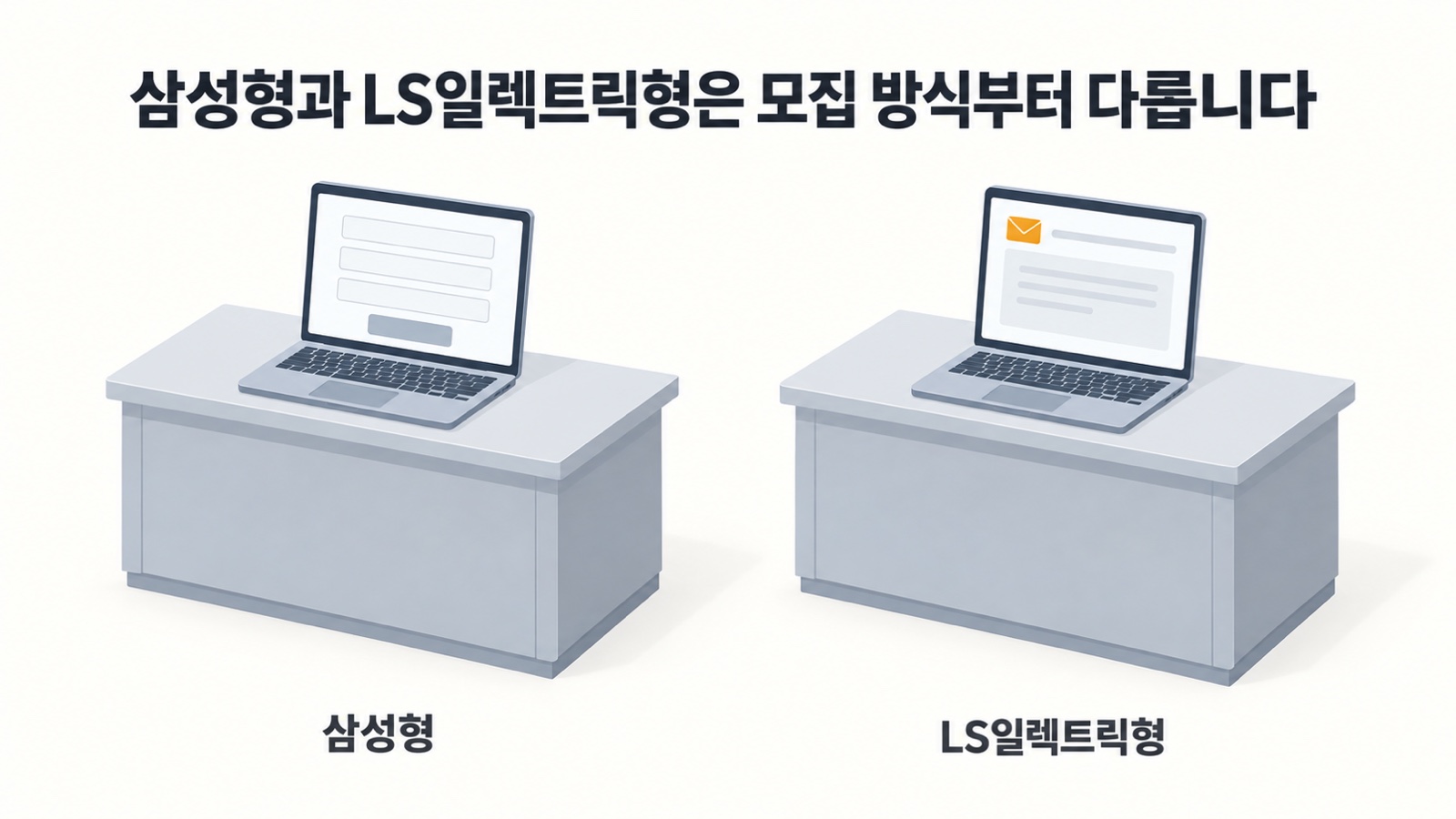 삼성형 책상에는 온라인 신청서 화면이, LS일렉트릭형 책상에는 메일 창이 뜬 노트북이 놓인 모습 — 삼성형과 LS일렉트릭형은 모집 방식부터 다릅니다